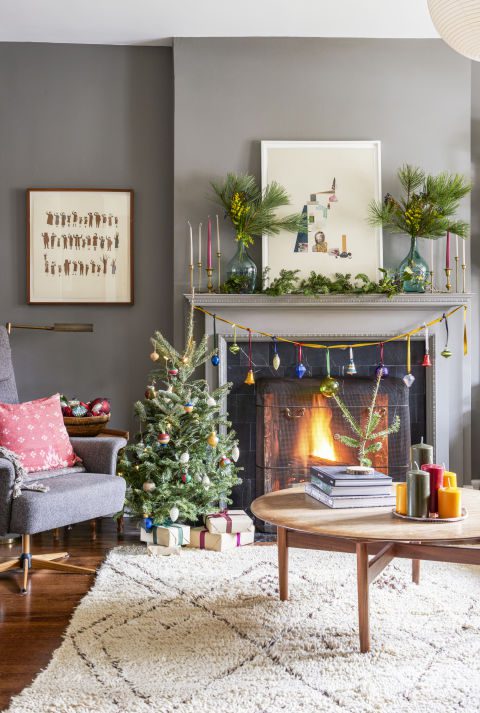 Bigger isn't always better. A tiny tree brings plenty of cheer, and it's easier for kids to decorate. Just maybe put the more fragile ornaments somewhere else ... What you'll need: wooden ornaments ($16, amazon.com), brass candlesticks ($74 for 2, food52.com)